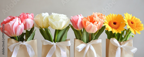 Beautiful Floral Arrangements in Paper Bags with Ribbons