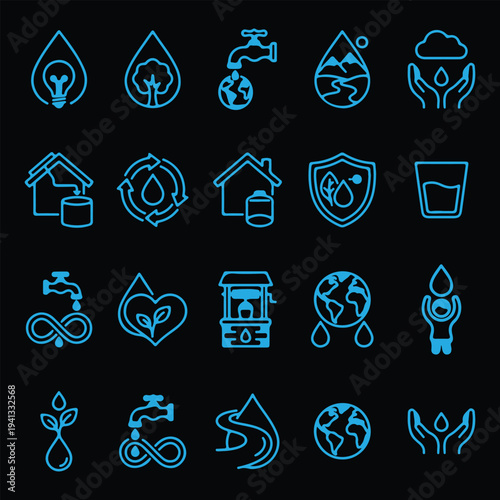 Water sustainability and ecological conservation neon icon set, water recycling and renewable resource linear symbols
