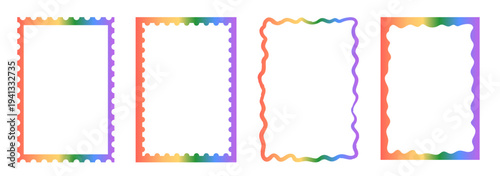 Retro whimsical rainbow gradient frame set with scalloped and wavy hand-drawn borders. Vibrant multi colored frames for greeting cards, menu, gift tags, and modern stationery. Vector illustration.