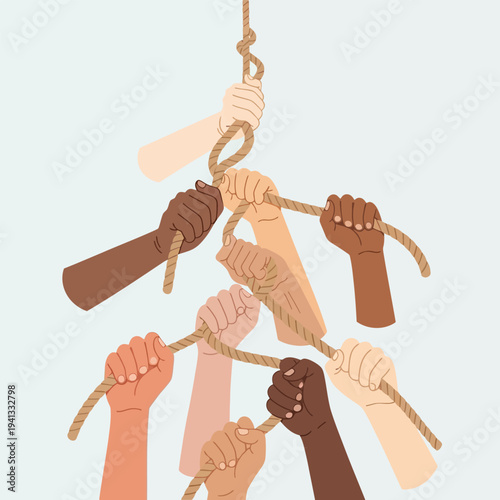 Hands holding a rope, representing teamwork and unity together