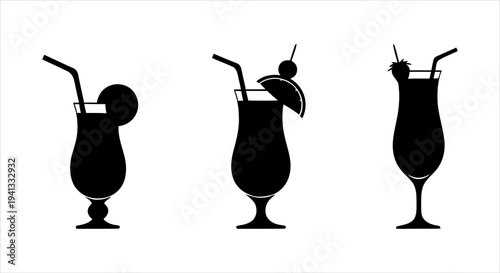 Vector silhouettes of three tropical cocktails with straws and garnishes