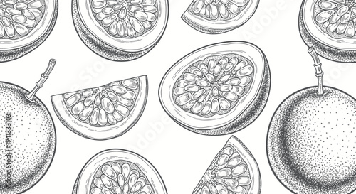 Hand-drawn passion fruit seamless pattern, exotic fruit sketch, tropical ingredient background