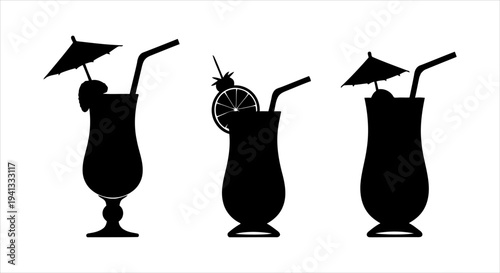 Silhouettes of three tropical cocktails with umbrellas and garnishes