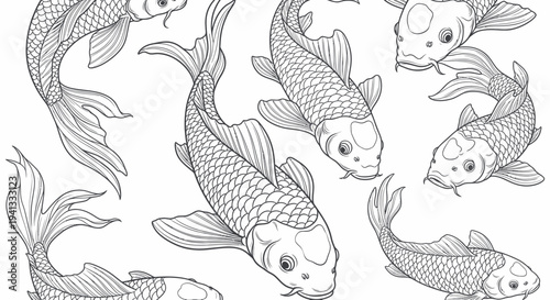 Japanese Koi Fish Illustration - Black and White Drawing