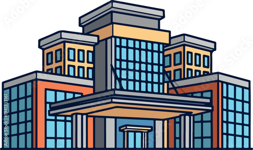 Modern office building vector illustration with glass facade and entrance
