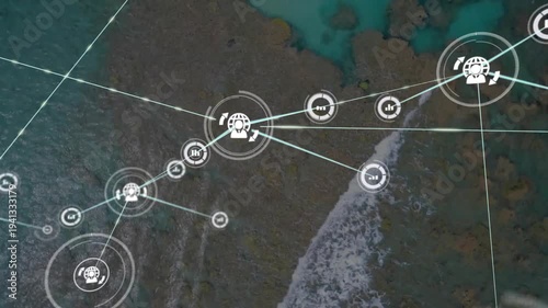 Network overlay pulsing from central hub, extending lines and nodes, visualizing coastal reef data