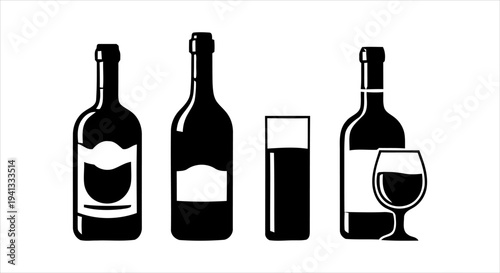 Monochromatic vector art featuring a selection of liquor bottles and a wine glass, minimalist beverage concept