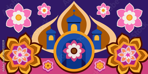 Illustration of Islamic theme design with floral motives for Ramadhan and Eid Fitri celebration as banner background created with Generative AI