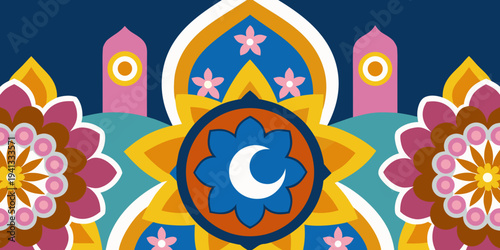 Illustration of Islamic theme design with floral motives for Ramadhan and Eid Fitri celebration as banner background created with Generative AI