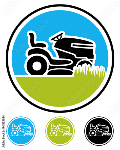 Landscaping Lawn Care Logo with Riding Lawn Mower Tractor Vector	
