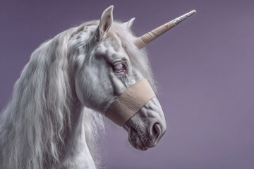 Majestic white unicorn head portrait fantasy creature mythical animal surreal dreamy purple background