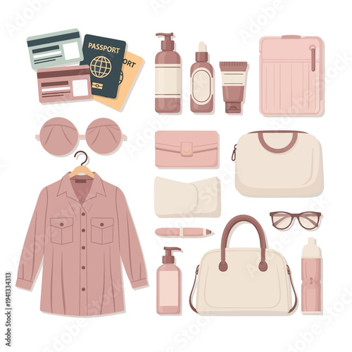 Packing essentials for travel including passport, cosmetics and clothing