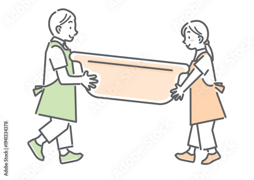 浴槽を運ぶ訪問入浴介護のスタッフ　シンプルでお洒落な線画イラスト