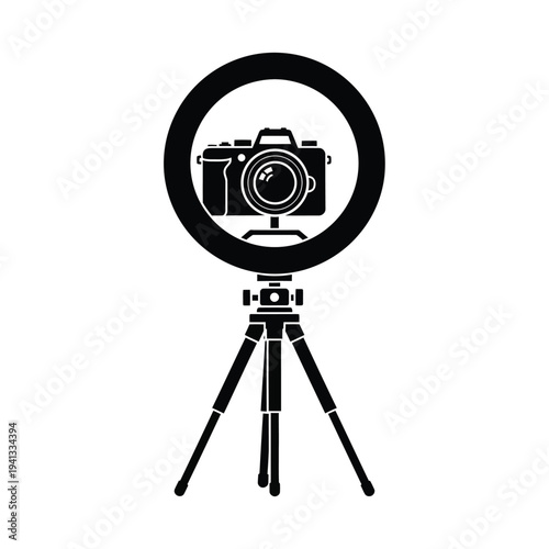 A black camera on a tripod with a ring light, ideal for photography and videography.