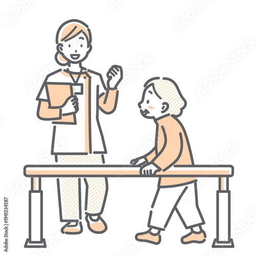 理学療法士の指導で歩行のリハビリに取り組むシニア女性　シンプルでお洒落な線画イラスト