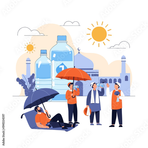 Muslims and tourists enjoying the water and shade near mosques