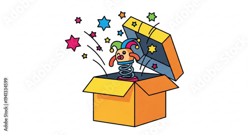 Surprised dog in jester's hat pops out of colorful gift box with stars