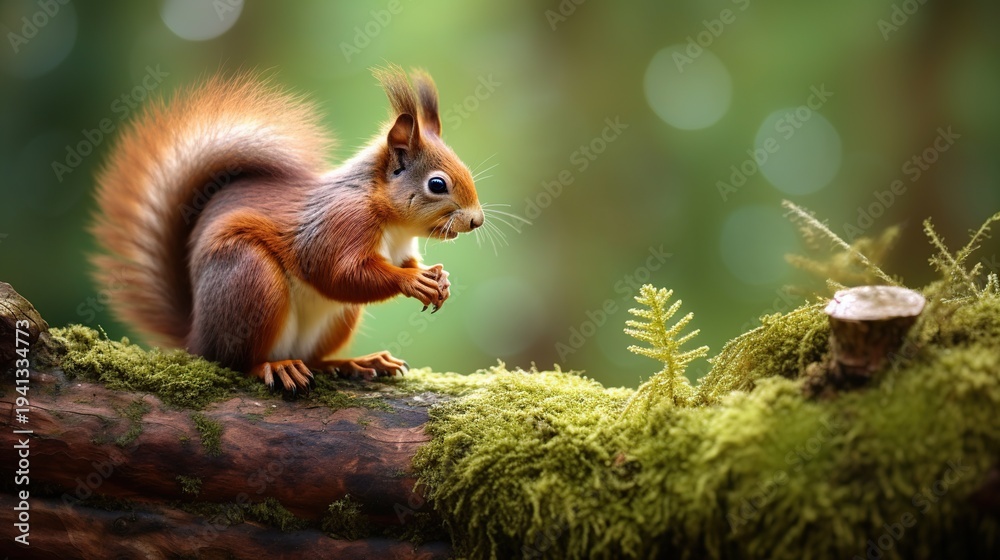 Fototapeta premium A Curious Red Squirrel Perches on a Mossy Log Amid Forest Greenery and Sunshine