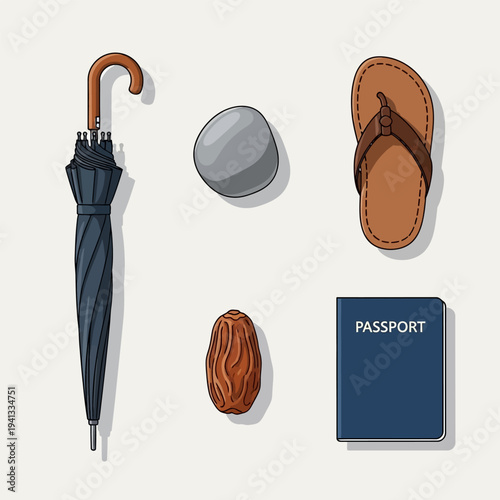 Isolated items including passport, umbrella, date, and sandals
