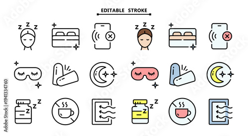 Sleep Hygiene Icon Set: Color Editable Vectors for Better Rest and Mindful Night Routines