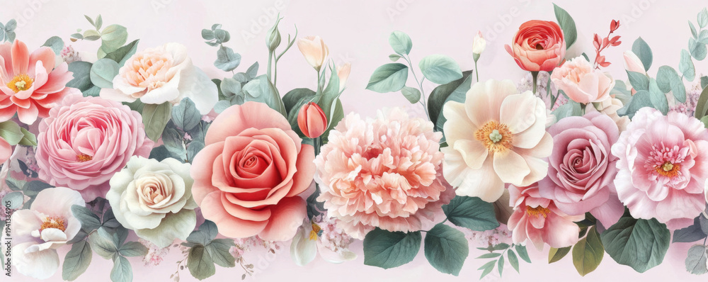 Fototapeta premium Soft Watercolor Floral Banner with Pink and Peach Flowers