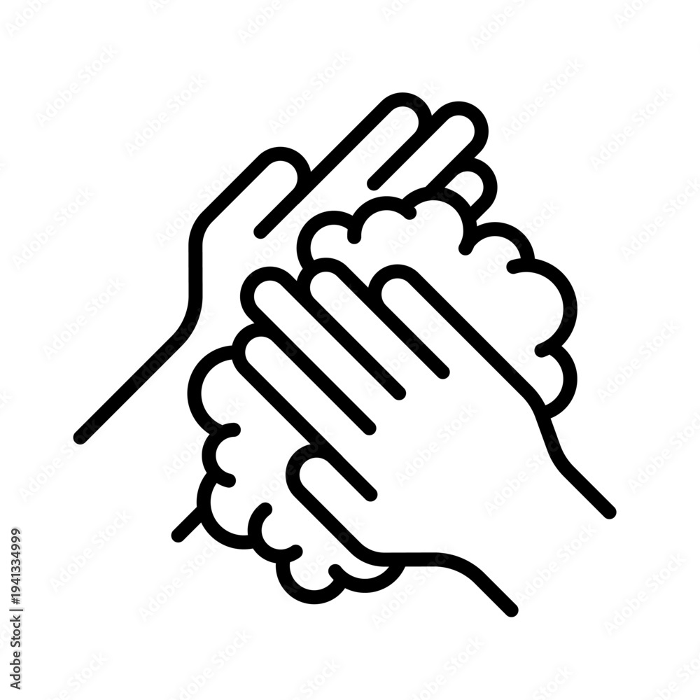 Obraz premium Washing hands to keep clean icon set. Disease prevention protect, sanitizer, antiseptic, antibacterial symbols. Wash hands rinse water, foam cream, tap, soap, label, badge, logo, black, line, vector.