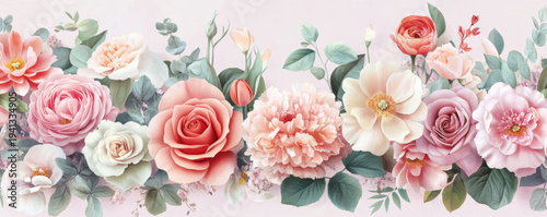 Soft Watercolor Floral Banner with Pink and Peach Flowers