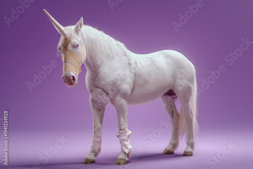 Majestic white unicorn standing gracefully on purple gradient background fantasy art