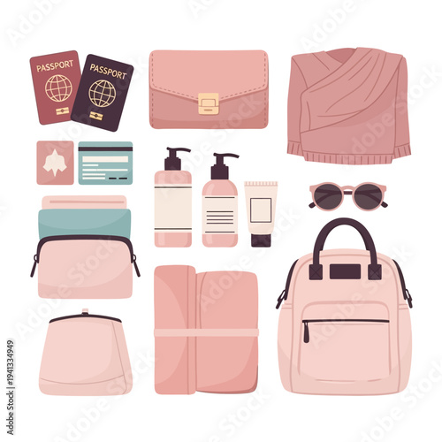 Accessories for travel, a collection of bags, passport, cream, and sunglasses