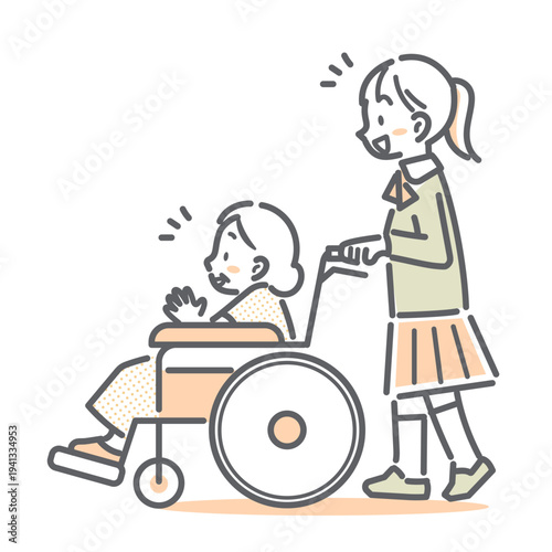シニア女性の乗った車椅子を押しながら会話をする女子高生　シンプルでお洒落な線画イラスト