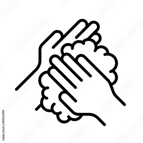 Washing hands to keep clean icon set. Disease prevention protect, sanitizer, antiseptic, antibacterial symbols. Wash hands rinse water, foam cream, tap, soap, label, badge, logo, black, line, vector.