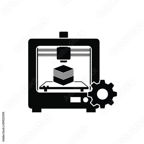 A black icon of a 3d printer creating a cube with a gear beside it.