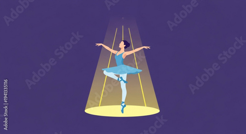 Ballerina dancer performing under spotlight in blue tutu and ballet shoes on stage with purple background