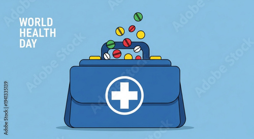 World health day medical kit with pills and capsules spilling out on blue background