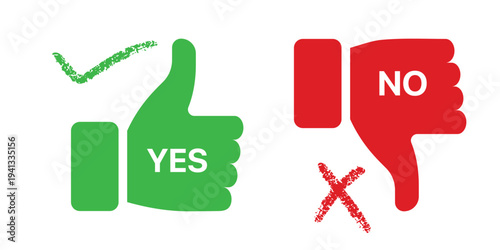Green yes thumbs up with checkmark and red no thumbs down with x mark on white background