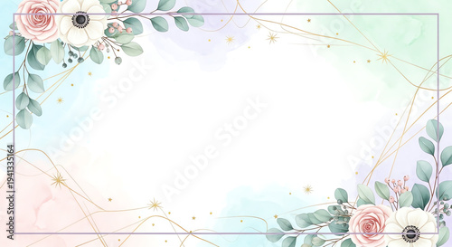 Elegant floral border with pastel colors and delicate design for invitations or greeting cards.