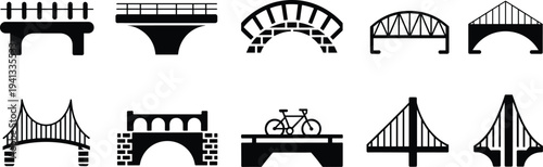 Bridge architecture icons set, suspension bridge, arch bridge, railway bridge, road infrastructure construction vector glyph symbols collection