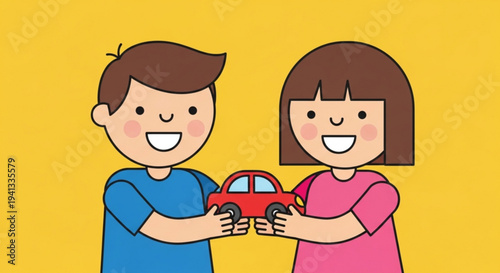 Two happy kids sharing a red toy car on yellow background with smiles