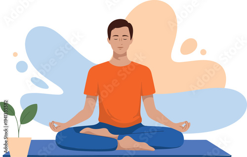 Flat vector illustration of person practicing meditation in quiet space with yoga mat small plant and peaceful afternoon calm wellness scene