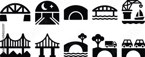 Bridge infrastructure transport road river tunnel construction travel engineering landmark vector icon set collection transportation architecture design