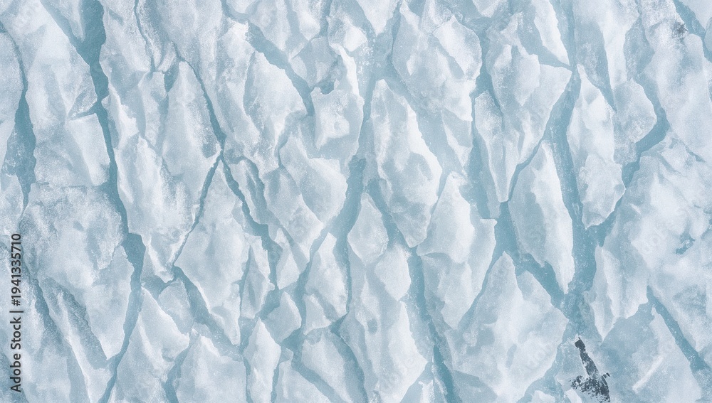 Fototapeta premium Top view of broken ice floes and deep cracks on a frozen lake. Detailed winter background with cold blue textures.