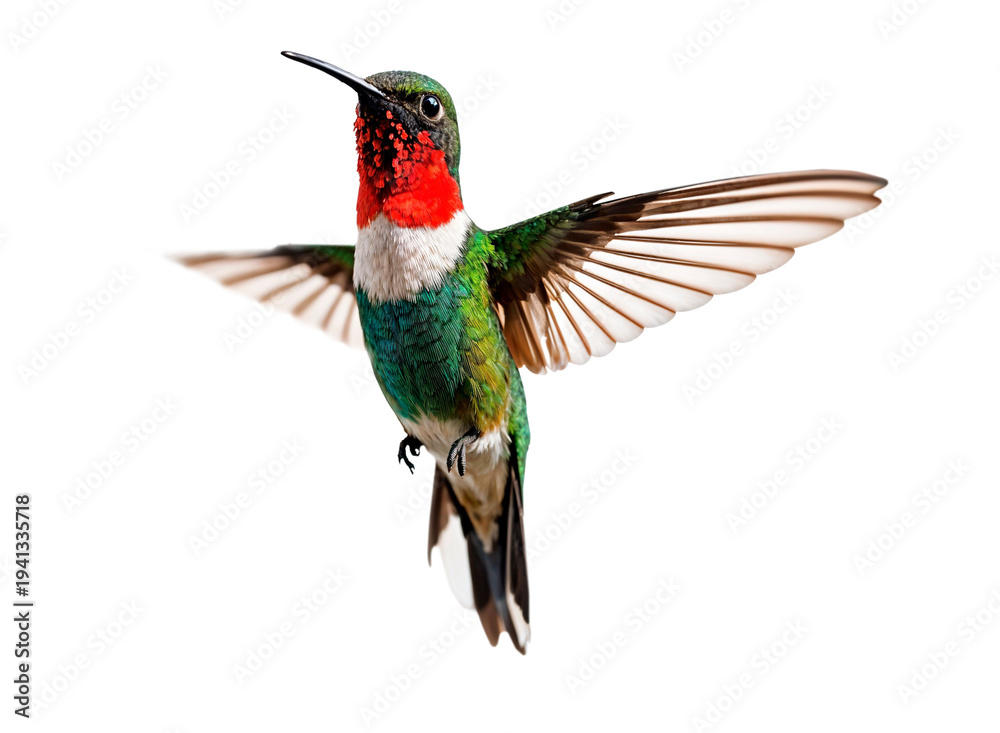 Fototapeta premium Ruby-throated Hummingbird Illustration - Vibrant Male Bird in Flight with Spread Wings Isolated on White Background