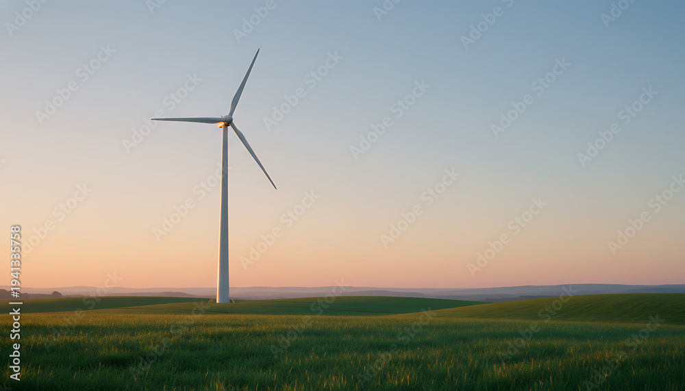 Fototapeta premium Single Wind Turbine Generating Sustainable Energy in Green Rolling Hills