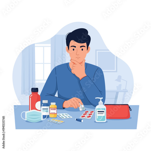 Man contemplating pills and medicine for treatment and healthcare