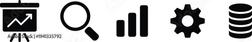 Business analytics and data management icons set, chart search settings database symbols for finance technology dashboard illustration