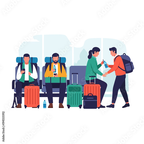 People waiting at the airport terminal for their flight, luggage in row