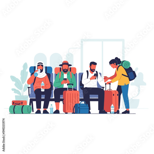 Travelers waiting for flight with luggage in airport terminal