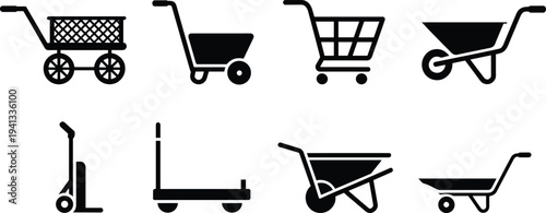 Cart and wheelbarrow icons set, shopping cart, hand truck, platform trolley, construction wheelbarrow vector silhouette transport tools collection