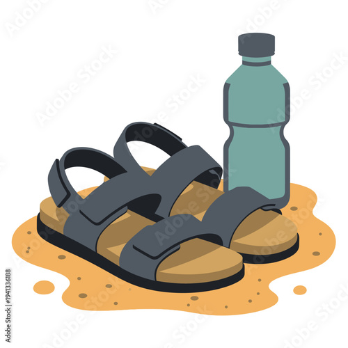 Pair of sandals lying on sand with water bottle