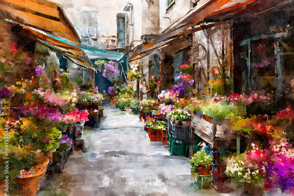 Fototapeta premium A lively watercolor picture portraying a charming street market alley full of colorful flowers and stalls.